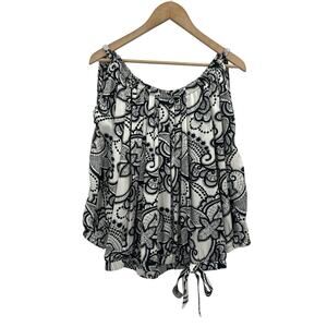 VTG Cache Black White Floral 100% Silk Split Sleeve Off Shoulder Blouse L Y2K